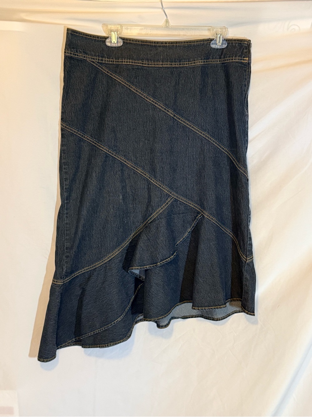 Vintage Y2K Bisou Bisou Dark Blue Asymmetrical Ruffle Denim Skirt Size 16 (XX)